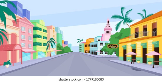 Ilustración vectorial de color plano de la vida de la ciudad de Cuba. Edificios tradicionales de La Habana de colores. Vacaciones veraniegas en América. Atracciones cubanas paisaje de caricatura 2D con paisaje en el cielo sobre el fondo