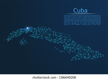 Cuba communication network map. Vector low poly image of a global map with lights in the form of cities in or population density consisting of points and shapes in the form of stars and space.