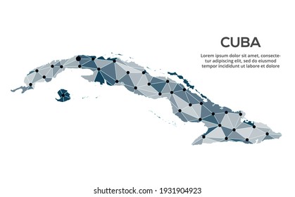 Cuba communication network map. Vector image of a low poly global map with city lights. Map in the form of triangles and dots