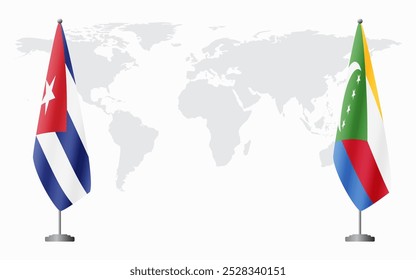 Banderas de Cuba y Comoras para reunión oficial con antecedentes del mapa mundial.