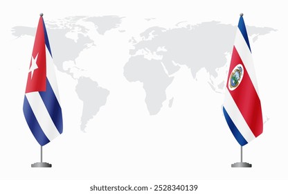 Banderas de Cuba y Costa Rica para reunión oficial en el contexto del mapa mundial.