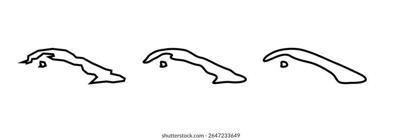 Cuba país preto silhuetas contorno em três diferentes níveis de suavidade. Mapas simplificados. Ícones de vetor isolados no plano de fundo branco.