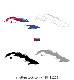 Cuba country black silhouette and with flag on background, isolated on white