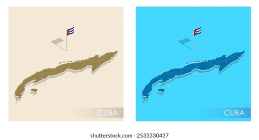 Cuba country flag installed on geographic positioning map point of country territory. Cuban commonwealth banner on land and sea. Festive patriotic HD format template for independence day