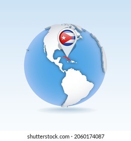 Cuba - country map and flag located on globe, world map. 3D Vector illustration
