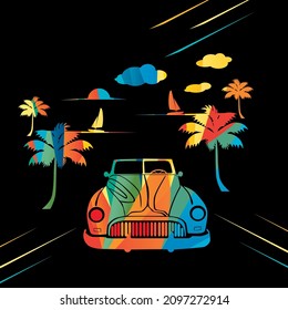 cuba country outline, car and palm trees and sunset on black background color silhouette