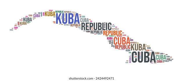 Cuba country shape word cloud. Typography style country illustration. Cuba image in text cloud style. Vector illustration.