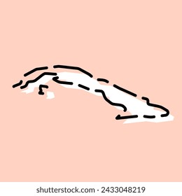 Cuba country simplified map. White silhouette with black broken contour on pink background. Simple vector icon