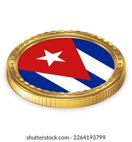 Cuba (CU) National Flag Round Icon 2.5D Isometric Projection View Gold Coin Isolated on White Background