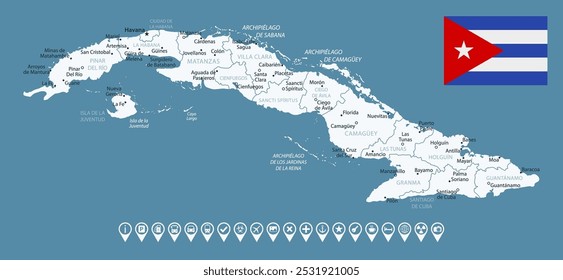 Cuba - detailed country map with cities and regions. Infographic icons. Vector illustration.