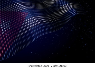 Cuba digital flag made of dots, waving over a starry dark background
