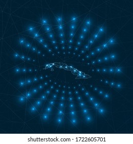Cuba digital map. Glowing rays radiating from the country. Network connections and telecommunication design. Vector illustration.