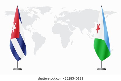 Cuba and Djibouti flags for official meeting against background of world map.