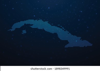 Cuba traza un mapa de estilo futurista, con un contorno brillante hecho de puntos de estrellas. Comunicación, concepto de tecnologías de internet sobre fondo del espacio azul oscuro. Ilustración vectorial.