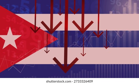 Cuba colapso económico, valores decrecientes con monedas, crisis y concepto de degradación, Cuba bandera con cambios, flecha que cae, idea de Anuncio de noticias, falla y disminuye, declive financiero