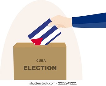 Cuba election and vote concept, political selection, man hand and ballot box, democracy and human rights idea, election day, vector asset with Cuba flag