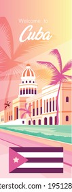 Cuba famous tourist attractions poster flat vector template. Welcome to Cuba phrase. Brochure, booklet one page concept design with cartoon objects. Summer holiday flyer, leaflet