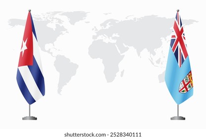 Banderas de Cuba y Fiyi para reunión oficial con antecedentes del mapa mundial.