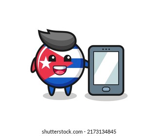 cuba flag badge illustration cartoon holding a smartphone , cute style design for t shirt, sticker, logo element