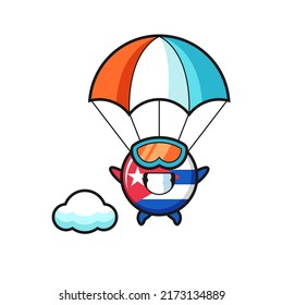 cuba flag badge mascot cartoon is skydiving with happy gesture , cute style design for t shirt, sticker, logo element