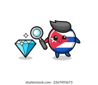 cuba flag badge mascot is checking the authenticity of a diamond , cute style design for t shirt, sticker, logo element