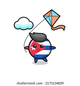 cuba flag badge mascot illustration is playing kite , cute style design for t shirt, sticker, logo element