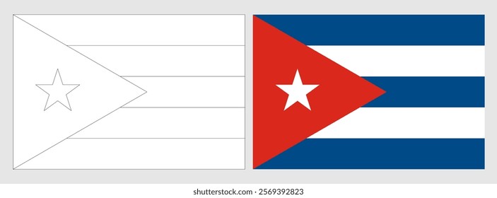 Cuba flag - coloring page. Set of white wireframe thin black outline flag and original colored flag.