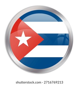 Bandeira de Cuba - botão de círculo brilhante na moldura de metal exibe uma bandeira colorida de uma identidade cultural e patrimônio do país. A essência do orgulho e da unidade nacionais.