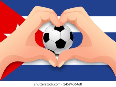 Cuba flag and hand heart shape. National football background. Soccer ball with flag of Cuba vector illustration