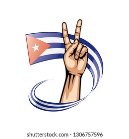 Cuba flag and hand on white background. Vector illustration