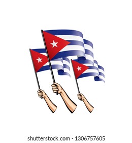 Cuba flag and hand on white background. Vector illustration