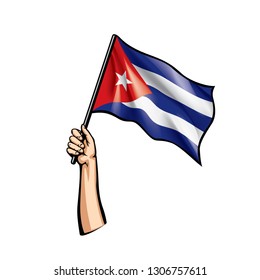 Cuba flag and hand on white background. Vector illustration