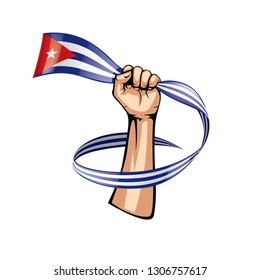 Cuba flag and hand on white background. Vector illustration