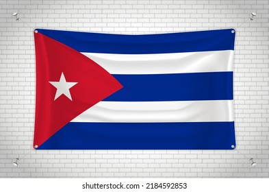 Cuba flag hanging on brick wall. 3D drawing. Flag attached to the wall. Neatly drawing in groups on separate layers for easy editing.