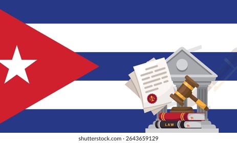 Bandeira de Cuba com conceito de martelo do juiz, corrupção ou injustiça, indignação pública em Cuba, ideia de decisão internacional, lei ou resultado legal, julgamento do tribunal civil, faixa de notícias