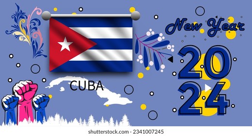 cuba flag and map fist raised. National Day or Independence Day created for cuba celebration.happy new year 2024.new year 2024.Modern vintage design with abstract background.Vector image.