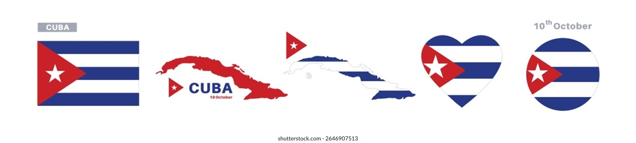 cuba flag and map set. cuba flag in official colors and proportions. dia da independência 10 de outubro, mapa, círculo e coração em forma de cuba