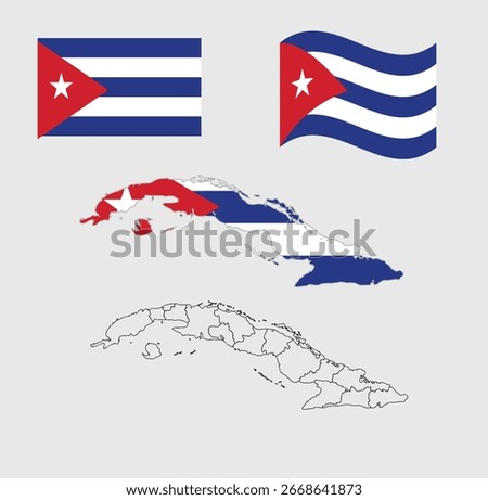 Cuba flag and map set,. Cuba map in official colours and proportions. map, wavy and rectangle shaped Cuba