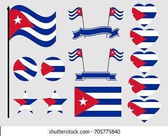 Cuba flag set. Collection of symbols, flag in heart. Vector illustration