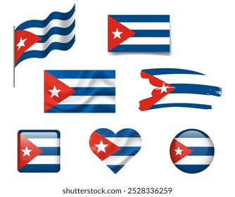 Cuba Bandeira de ícones. Bandeira de Cuba, símbolo. Conjunto de cubano bandeiras botão, escova, acenado, coração.