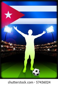 Bandera cubana con jugador de fútbol sobre fondo estadio Ilustración original