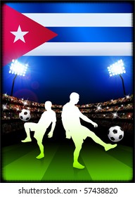 Cuba Flag with Soccer Player on Stadium Background Original Illustration