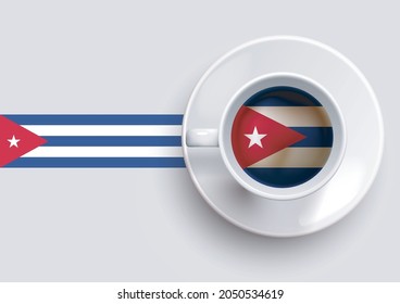 Cuba flag with a tasty coffee cup on top view and a gradient background. Hot beverage with Cuba flag, vector illustration.