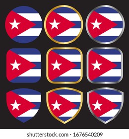 cuba flag vector icon set with gold and silver border