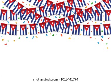 Cuba flags garland white background with confetti, Hang bunting for Independence Day celebration template banner, Vector illustration