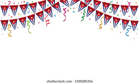 Cuba flags garland white background with confetti, Hang bunting for Independence Day celebration template banner, Vector illustration