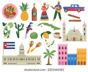 Cuba flat icons set of cuban symbols national dishes landmarks people fauna and flora isolated vector illustration