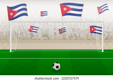 Cuba football team fans with flags of Cuba cheering on stadium, penalty kick concept in a soccer match. Sports vector illustration.