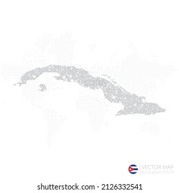 Mapa gris cubano aislado en fondo blanco con línea de malla abstracta y escalas puntuales. Ilustración vectorial eps 10