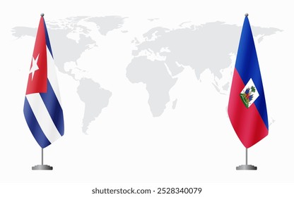 Cuba and Haiti flags for official meeting against background of world map.